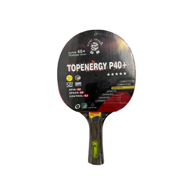 A table tennis paddle with a red and black face and a green and blue handle. The paddle has the text "KARATE P40+" printed on the face.