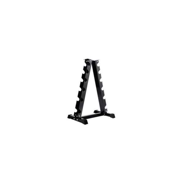 A black A-frame dumbbell rack with six horizontal slots for storing dumbbells.