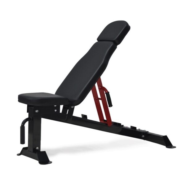 A Bodyworx C420UB FID Utility Bench. It's a black and red adjustable weight bench with a padded seat and back rest. The bench can be adjusted to various angles for different exercises.