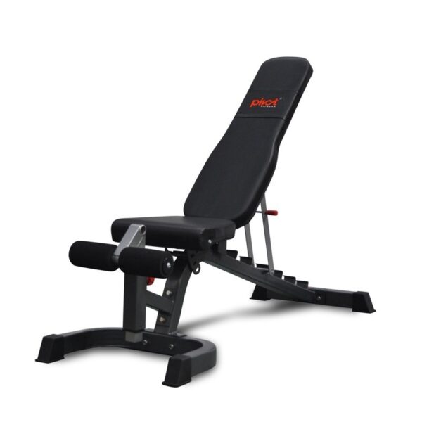 A Pilot Fitness adjustable weight bench with a black frame and padded seat. The bench can be adjusted to various angles for different exercises.