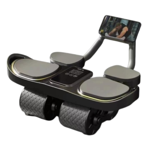 A black fitness machine with two large rollers and a platform for sitting. The machine has a digital display and a phone holder.