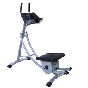 An ab coaster machine with a curved frame, a padded seat, and handles for support. The machine has a digital display and adjustable resistance.