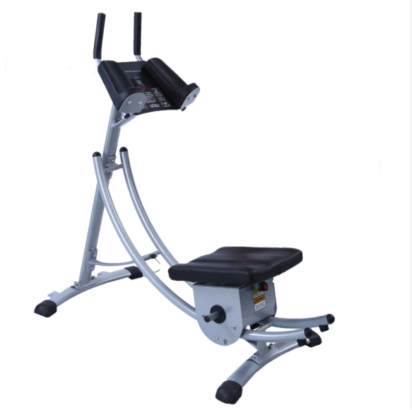 An ab coaster machine with a curved frame, a padded seat, and handles for support. The machine has a digital display and adjustable resistance.