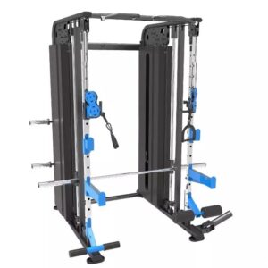 A black and blue functional trainer with a Smith machine. The machine has adjustable pulley systems, a barbell rack, and safety bars. It is a versatile piece of exercise equipment for strength training.