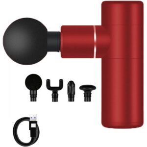 A red handheld massage gun with a black attachment. The gun has a curved handle and a rounded head. Several other black attachments are arranged below it, along with a USB charging cable.