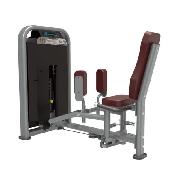 A seated inner thigh machine, also known as an abductor/adductor machine. It has a padded seat and handles for support, with adjustable weights to target different muscle groups.