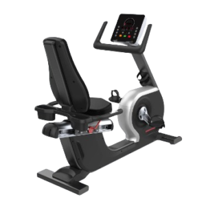 A black recumbent exercise bike with a gray console, a comfortable seat, and adjustable handlebars. The bike has wheels for easy movement and a red accent color.