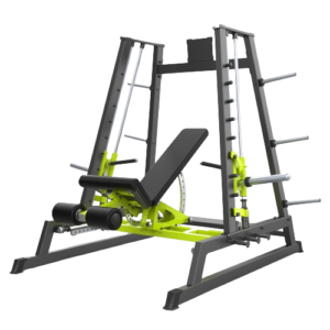 A black and yellow functional trainer with a Smith machine. The machine has adjustable pulley systems, a barbell rack, and a bench for various exercises.