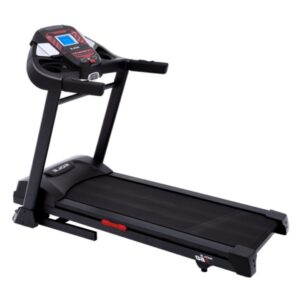 A black motorized treadmill with a digital display, handles for support, and a wide running belt.