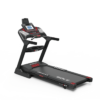 A black motorized treadmill with a digital display, handles for support, and a wide running belt.