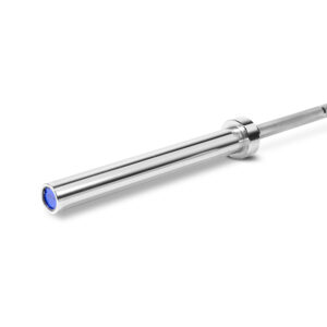 A chrome-plated Olympic barbell with blue sleeves. The barbell has a straight shaft and is designed for weightlifting.