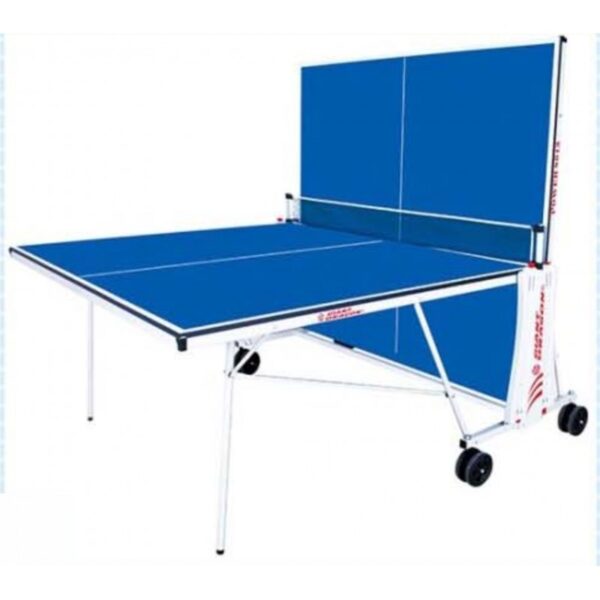 A blue and white foldable ping pong table with a net and a retractable side panel. The table has wheels for easy mobility.