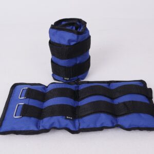 A pair of blue ankle weights with black straps. The weights are filled with sand and have adjustable straps for a secure fit.