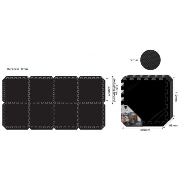 A diagram showing multiple black interlocking puzzle mats. The mats have dimensions of 430mm x 430mm and a thickness of 8mm. The image also includes a smaller circular mat with a diameter of 1000mm.