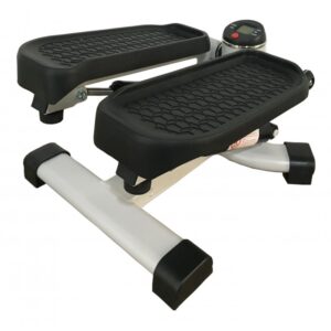 A gray mini stepper with black foot pedals. The stepper has a digital display and a resistance knob.