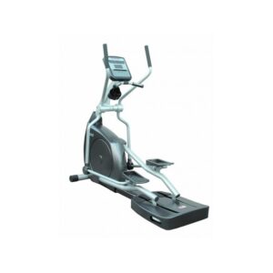 A gray elliptical trainer with a digital display, handles for support, and two foot pedals.