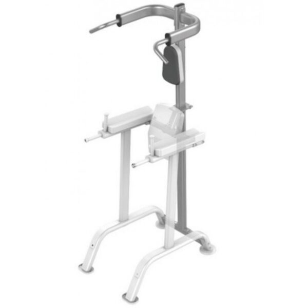 Impulse IT7010 Chin Dip Combo. A multi-functional home gym equipment with a chin-up bar, dip bars, and a back extension pad. The equipment has a sturdy steel frame and adjustable height.