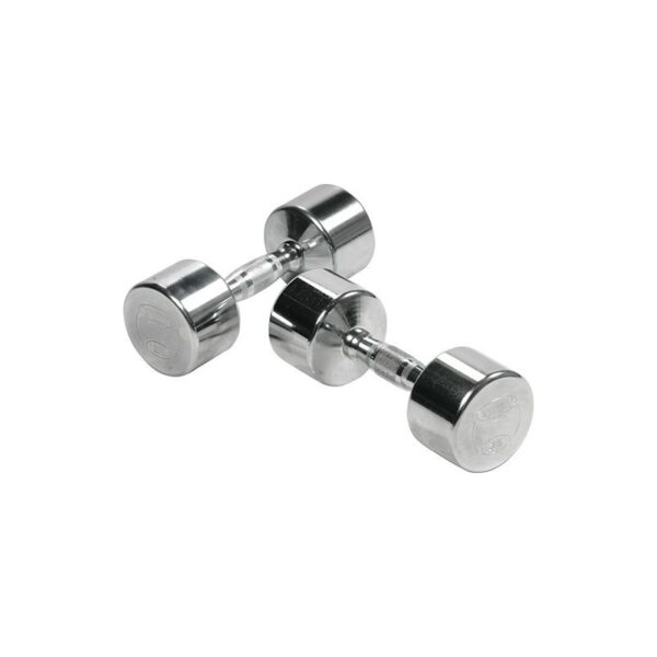 A pair of chrome dumbbells with hexagonal heads and curved handles. The dumbbells are lying on a white background.