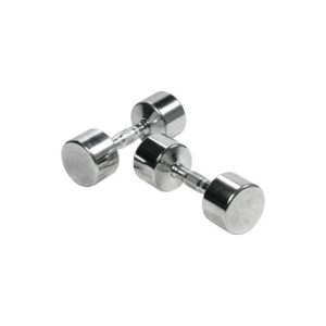 A pair of chrome dumbbells with hexagonal heads and cylindrical handles. The dumbbells are lying on a white background.