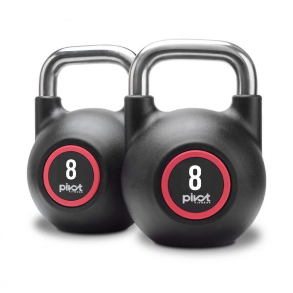 Two black kettlebells with chrome handles on a white background. The kettlebells are labeled "8kg" and have the brand "PIVOT" printed on them.