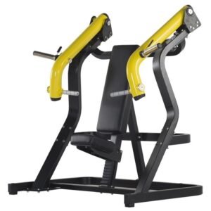 A shoulder press machine, also known as a shoulder press station. It has a padded seat and back rest, with adjustable weights and handles for working out the shoulder muscles.