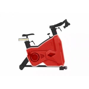 A red indoor cycling bike with a unique aerodynamic design, featuring a covered flywheel and a streamlined frame.