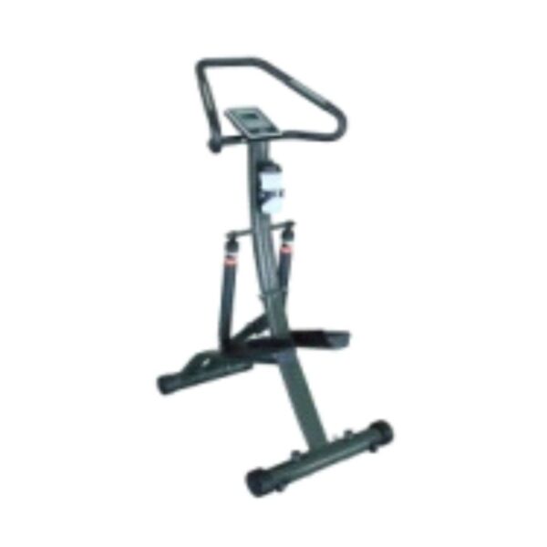 A gray aerobic stepper with a handle bar and two foot pedals. The stepper has a digital display and adjustable resistance.