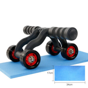 Abdominal roller with four wheels on a blue mat. The roller has a black frame with red accents. The handles are textured for grip. A smaller blue mat is shown beneath the roller with dimensions labeled "17cm" and "34cm.