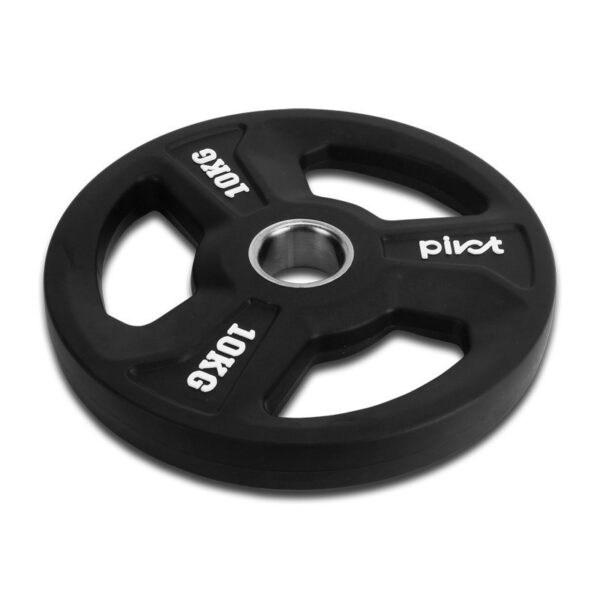 A black rubber weight plate with a chrome center. The plate has three holes and is labeled "10KG" and "PIVOT.