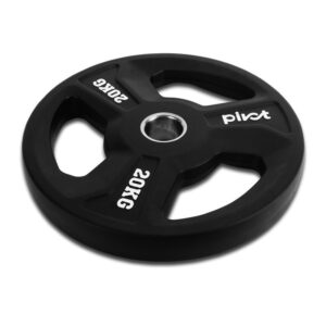 A black rubber weight plate with a 20kg weight rating. It has three holes in the center and the brand name "Pivot" printed on it.