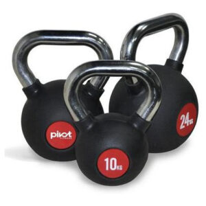 Three kettlebells of different sizes. The kettlebells are black with chrome handles. The largest kettlebell has the weight "24kg" printed on it, and the smallest has "10kg." The brand "pivot" is printed on the middle kettlebell