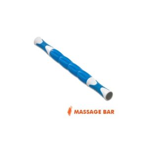 A blue massage bar with white textured areas. The bar has a cylindrical shape and is designed for self-massage.