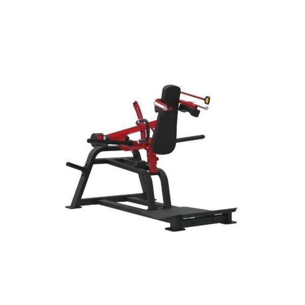 A seated leg curl and leg extension machine. It has a black frame with red accents, a padded seat, and adjustable foot pedals for both leg curl and leg extension exercises.