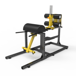 A black and yellow glute ham developer (GHD) machine. It has a padded seat, adjustable foot platform, and handles for support. The machine is designed for strengthening the glutes and hamstrings.