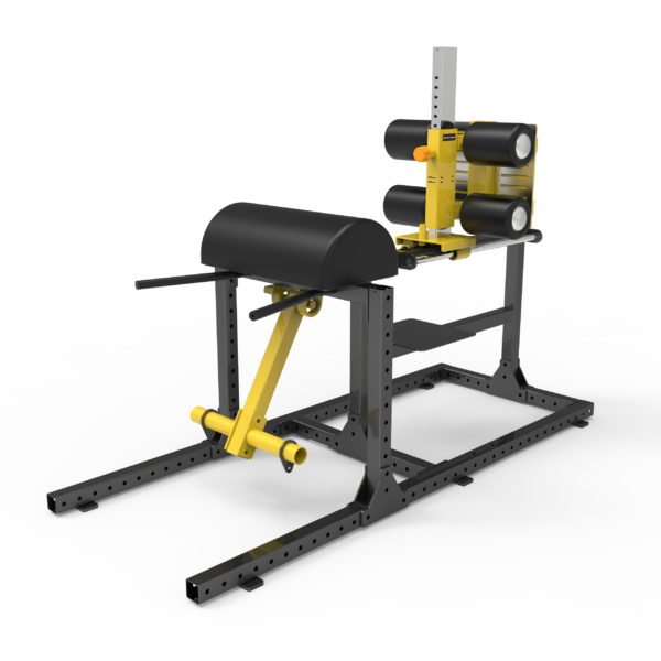 A black and yellow glute ham developer (GHD) machine. It has a padded seat, adjustable foot platform, and handles for support. The machine is designed for strengthening the glutes and hamstrings.