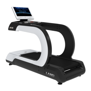 A modern treadmill with a curved design and a large LED display. The treadmill is black and white with the word "LAND" printed on the front.