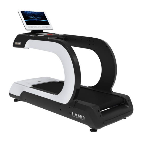 A modern treadmill with a curved design and a large LED display. The treadmill is black and white with the word "LAND" printed on the front.