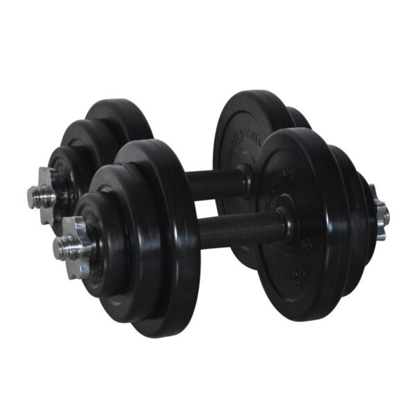 A pair of adjustable dumbbells with black weights. The dumbbells have chrome handles and can be adjusted to different weights by adding or removing the plates.